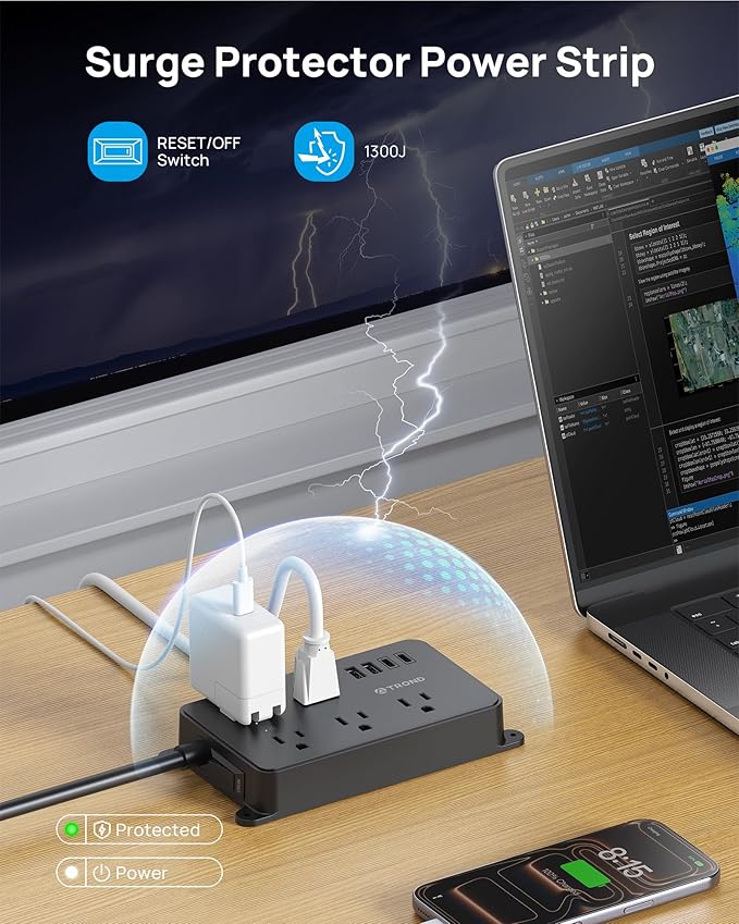 TROND Surge Protector Power Strip with USB, 10ft Extension Cord, ETL Listed, 5 Widely-Spaced Outlets with 4 USB Ports, 1300J, Low-Profile Flat Plug, Wall Mountable, 14AWG Heavy Duty, Black