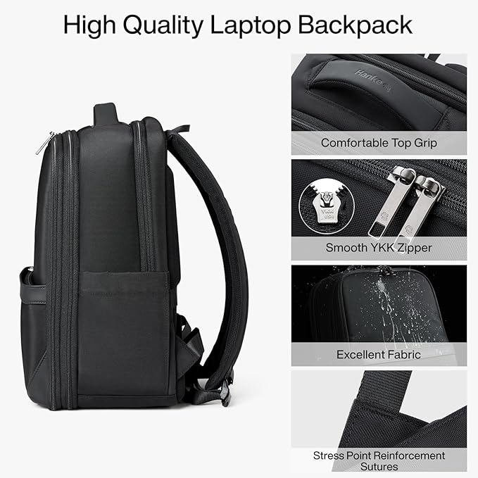 Hanke Expandable Travel Backpack 17 Inch, Full-Open Laptop Backpack Fits 15.6 Inch, Carry On Personal Item Bag with Luggage Strap, Business Work Backpack for Women Men, Black