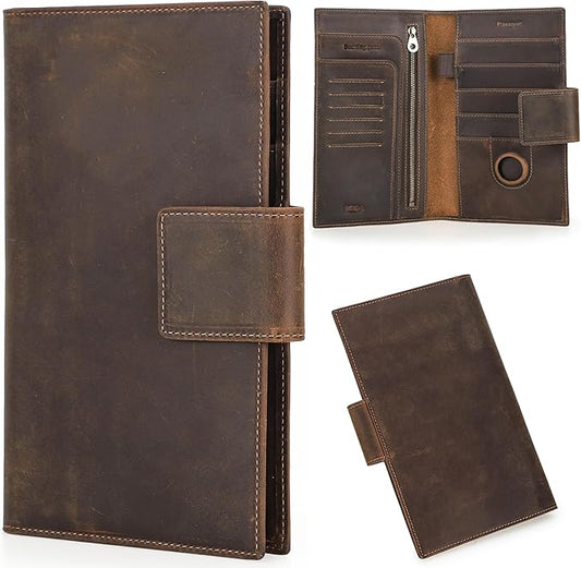 Top Grain Leather Travel Passport Wallet Holder for Man & Woman, Snap Button Design for 4 Passports & Multi Cards, RFID Blocking Large Capacity for Passports/Cards/Checks/Bills, Coffee