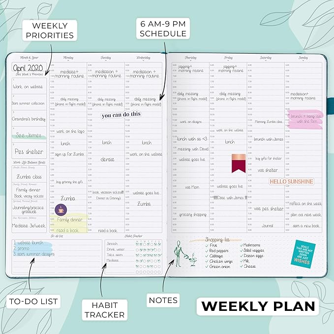 GoGirl Planner PRO Schedule - Undated Planner with Hourly Time Slots, Monthly, Weekly & Daily Organizer, Appointment Book for time Management, 7"x10" Hardcover, Lasts 1 Year - Aquamarine