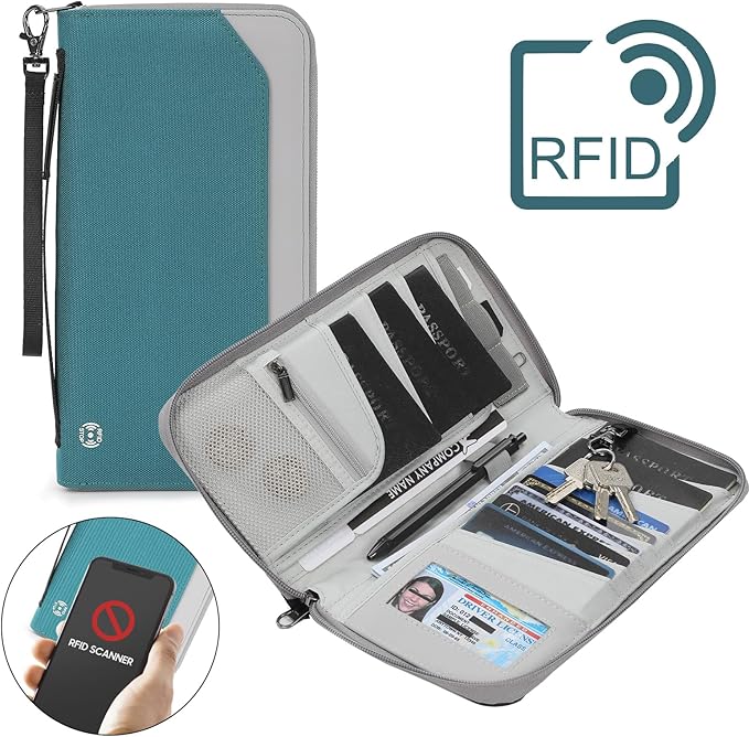 Travel Passport Holder for Family - RFID Large Travel Passport Wallet with Airtag & Card Holder Women Men, Lightweight Passport Cover Case Book Travel Document Organizer with Zipper Pocket,Coral Blue