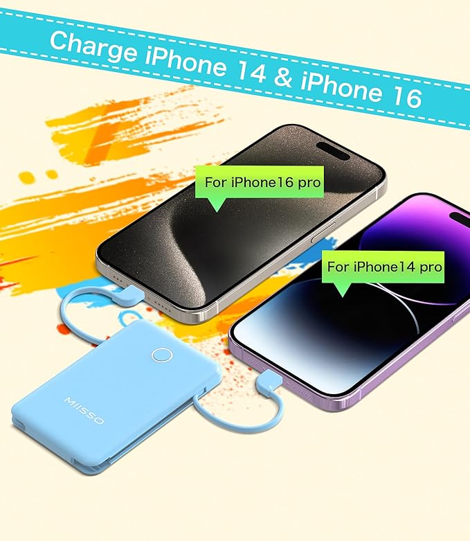 6000mah Ultra Slim Built in Cables Power Bank, Card Size Built in USB C Cords Battery Pack Portable Charger for Phones, 3 Output External Battery Pack Compatible with iPhone, Samsung, Google, Blue