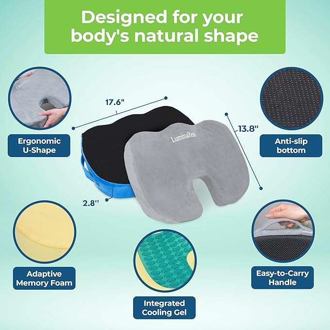 LuminaRest® Gel Seat Cushion for Long Sitting – CertiPUR-US® Certified Memory Foam – Premium Gel Tailbone Pain Relief Cushion, Adaptable for Office, Car, Airplane & Wheelchair – (Gray)