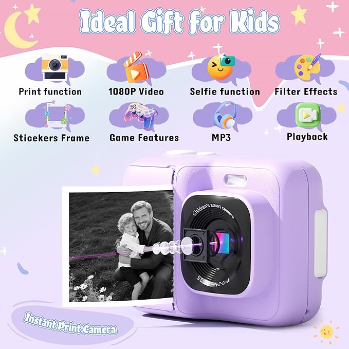 Instant Print Camera for Kids, HD Digital Camera, Christmas Birthday Gifts for 4 5 6 7 8 9 10 Year Old Girls Boys, Portable Toy Printer with 32GB SD Card & 3 Rolls Printing Paper, Mauve
