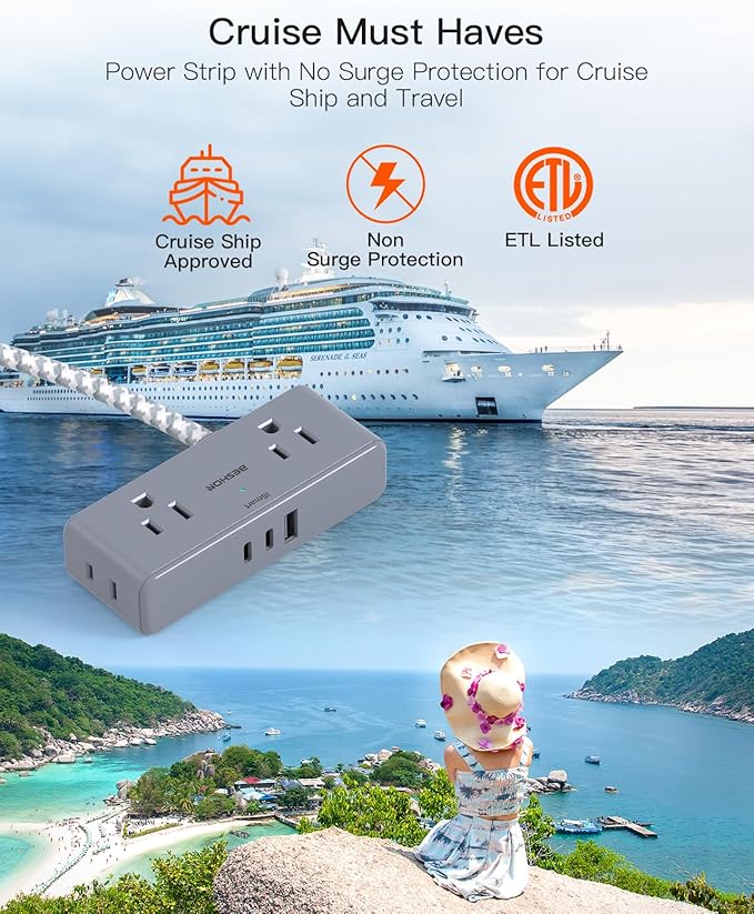 Extension Cord 10 ft, BESHON Flat Plug Power Strip, 4 Widely Outlets with 3 USB Ports (2 USB C), Extension Cord with Multiple Outlets for Home, Office, Dorm Room Essentials Gray