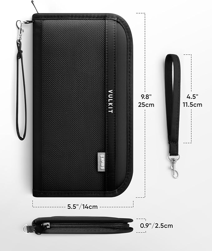 VULKIT Passport Wallet Passport Family Holder RFID Blocking Travel Card Organizer with Wrist Strap for Men or Women(Black)