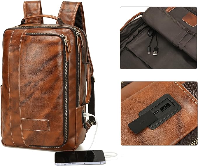 LANNSYNE Vegetable Tanned Leather Backpack for men, Expandable Leather Backpack Fits 15.6 Laptop, Tote Shoulder Travel Bag Rucksack