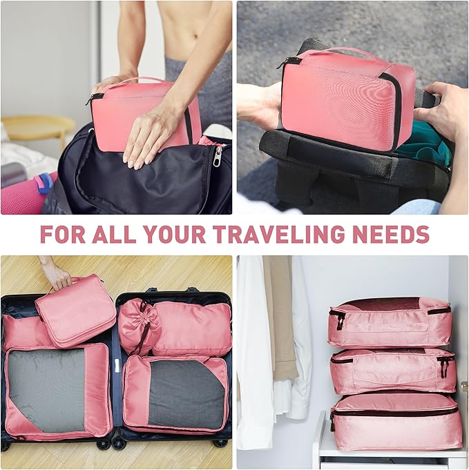 8-Piece Packing Cubes for Travel, Mesh Luggage Organizers with Shoe Bag, Toiletry Bag, Laundry Pouches, 4 Sizes (XL/L/M/S) for Suitcase Organization, Men Women Kids, Pink