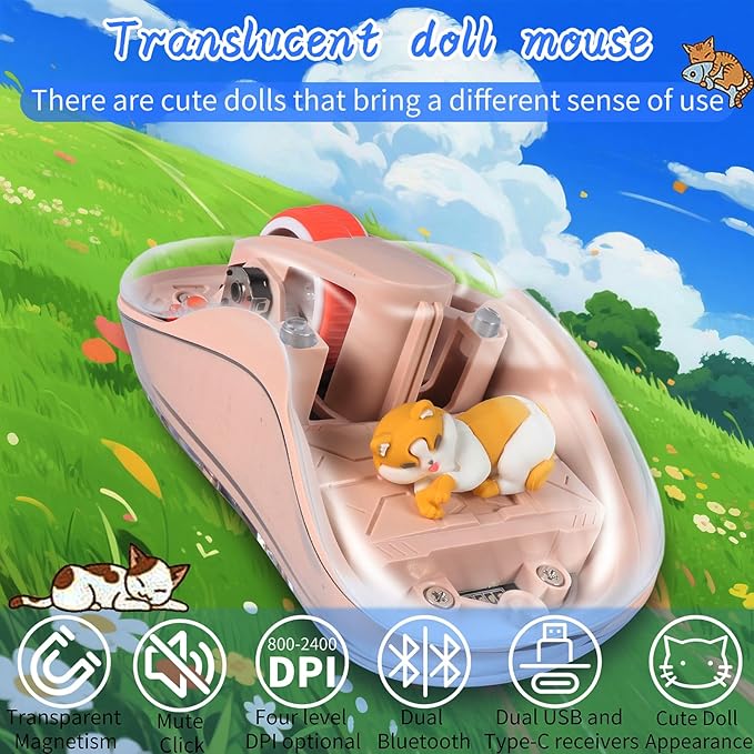 Cute Wireless USB C Mouse - Bluetooth Triple Mode Rechargeable Cartoon Mouse for Laptops, iPads & MacBook Air/Pro - Silent Operation, Portable Design, Unique Magnetic Character (Milk tea color)