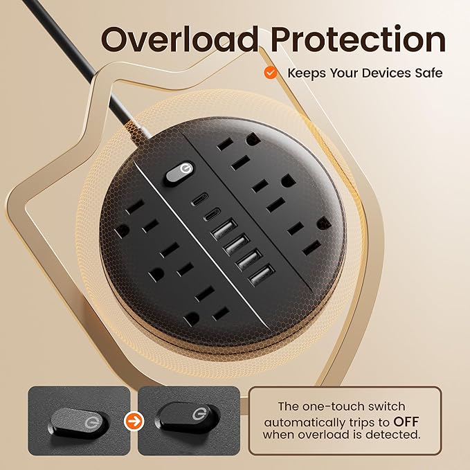 5 FT Surge Protector Power Strip, Extension Cord with Multiple Outlet, 6 AC Outlets, 4 USB & 2 USB C Ports & Control Switch, Portable Outlet Extender, Flat Plug, Wall Mount for Office Home Dorm,Black