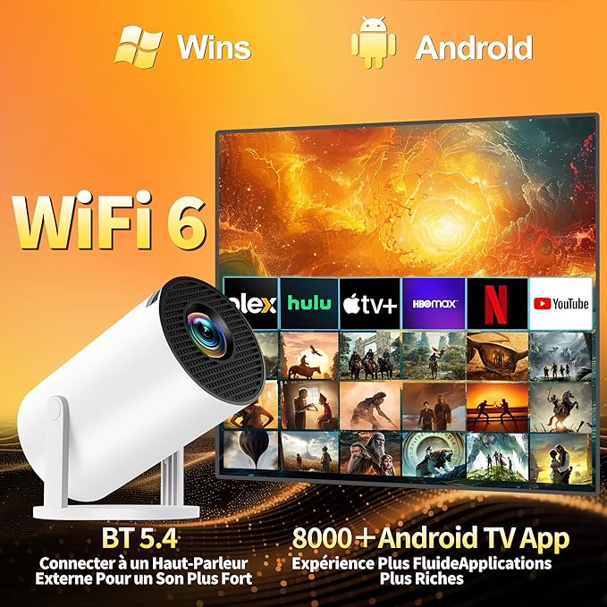 [Built-in Apps & 2025 Upgraded] Mini Projector with WiFi 6 and Bluetooth 5.4 Support 4K 1080P Auto Keystone 270° Rotatable Projector Portable Compatibile with HDMI/TV Stick/Memory Stick - White