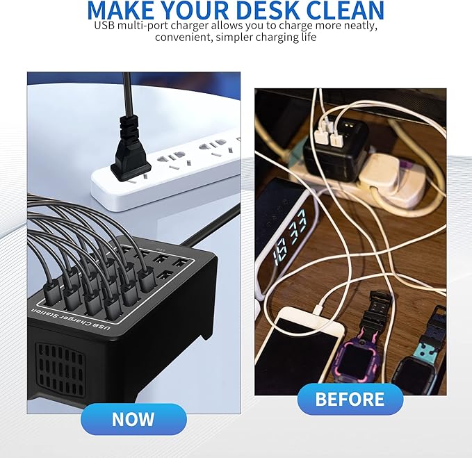 20-Port Desktop USB Charging Station - 100W Multi-Function Smart Charger for Smartphones, Tablets and More Devices