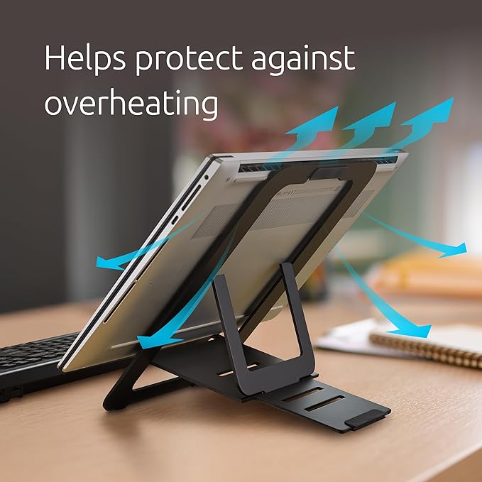 Kensington Adjustable Aluminum Laptop Stand for Desk, Ultra-Slim Lightweight Foldable Portable Notebook Holder, Anti-Slip Silicone Tablet Mount for 10"-17" Laptops and Tablets, Black K50428WW