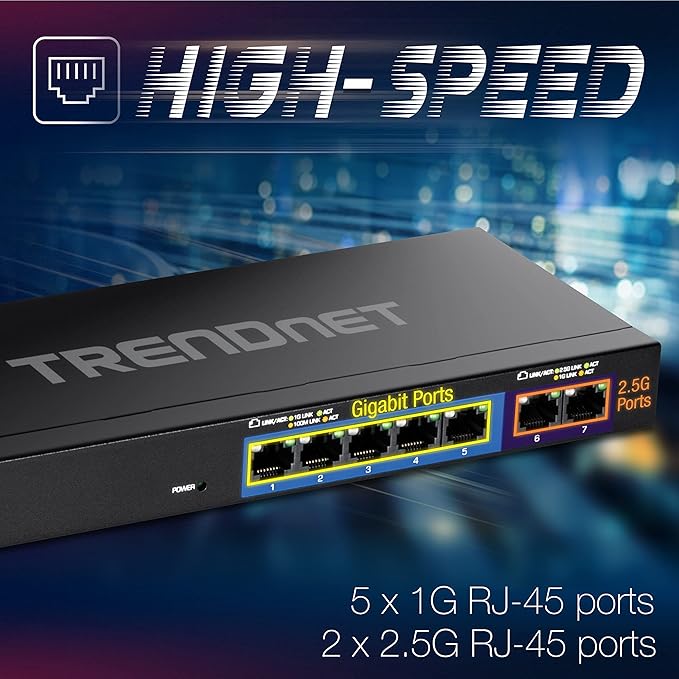 TRENDnet 7-Port Multi-Gig Gaming Switch, TEG-S327, 5 x 1G RJ-45 Base-T Ports, 2 x 2.5G RJ-45 Ports, 20Gbps Switching Capacity, Wall Mountable, Plug & Play, Lifetime Protection, Black