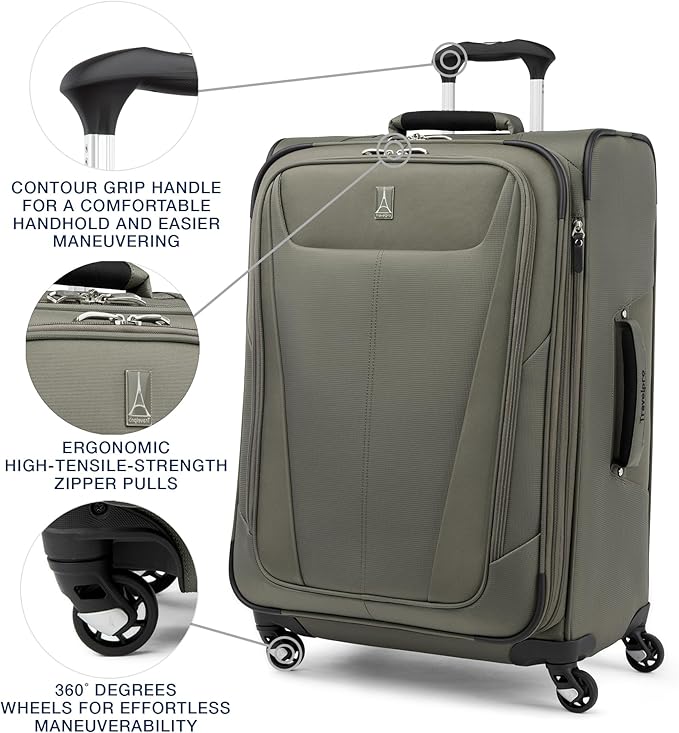 Travelpro Maxlite 5 Softside Expandable Checked Luggage with 4 Spinner Wheels, Lightweight Suitcase, Men and Women, Slate Green, Checked Medium 25-Inch