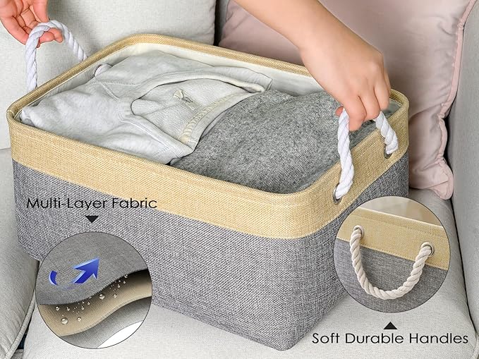 TheWarmHome Storage Basket - 15.7L×11.8W×8.3H 1 Pack Large Baskets for Organizing Shelves, Storage Bins for Clothes Book Shelf Home Fabric Storage Cubes (Gold and Grey)