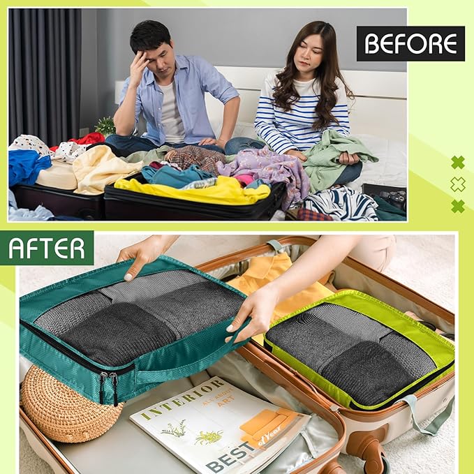 5 Pcs Packing Cubes for Suitcase Large Travel Cubes Carry on Luggage Organizer Bags for Clothes Accessories(Mixed,Green)