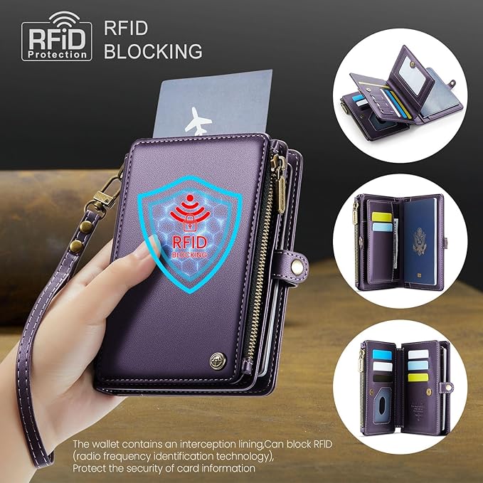 Passport Holder Wallet Bag with AirTag Holder, 11 Card Slots and Passport Solt Cash Solt Photo Solt Zipper Pocket, RFID Blocking Wristlet Strap.Purple