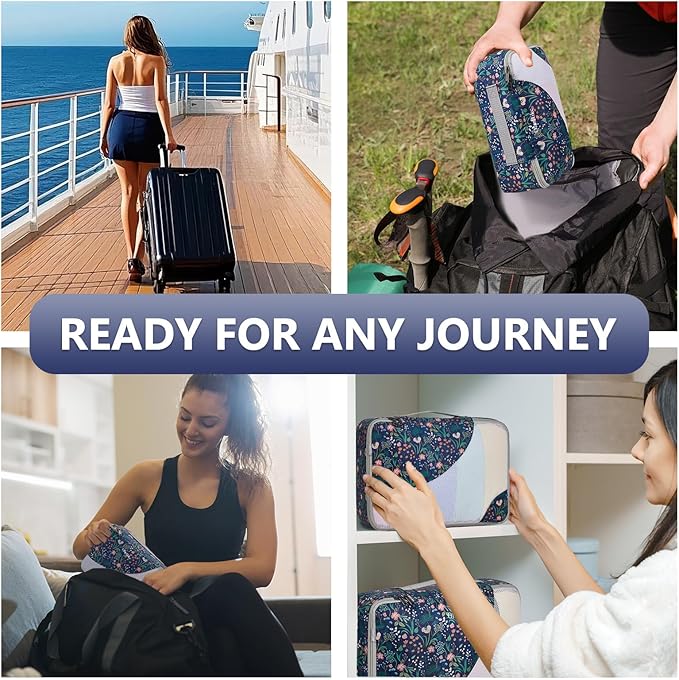 8 Set Packing Cubes for Travel,Gifts for Women Mom,Anti-Tearing Suitcase Organizer for Luggage with Shoe & Hanging Toiletry Bag,Vacation Essentials & Accessories for Cruise Ship,Dark Blue Floral