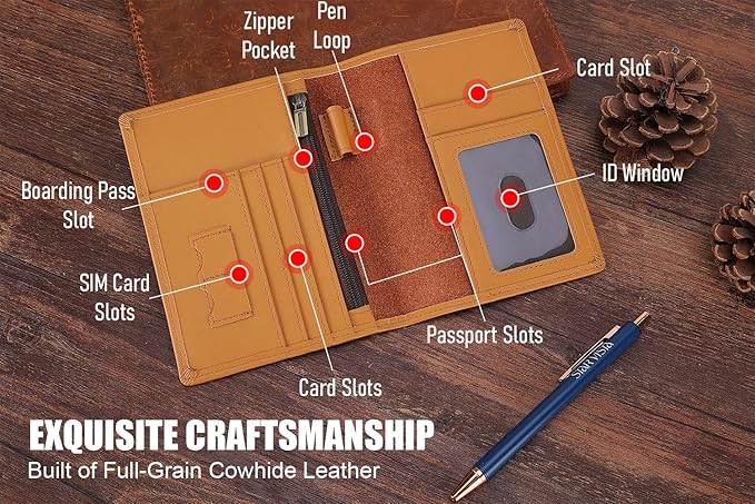 STAR VISTA Phoenix Leather Passport Holder, Calfskin Travel Wallet - RFID Blocking, ID Window, Zipper Pocket, Pen & Notebook Included, Honey