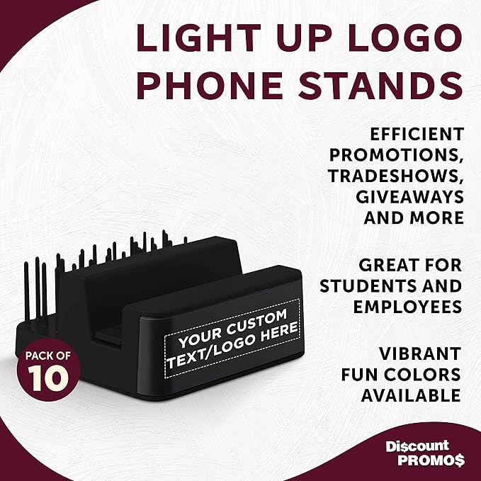 DISCOUNT PROMOS Custom Light Up Logo Phone Stands Set of 10, Personalized Bulk Pack - Essential Smartphone Accessory, Perfect for Office and Home - Black
