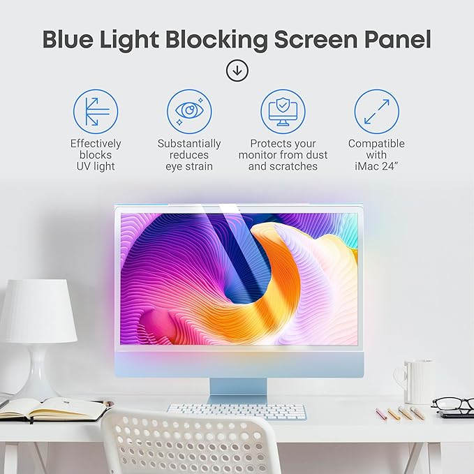 VINTEZ Blue Light Screen Protector Compatible With iMac 24 Inch (2021, 2022, 2023, 2024, M1, M3, M4) – Anti-UV Blue Light Blocking Film for Desktop PC, Eye Protection Filter, 21.5" x 12.6"