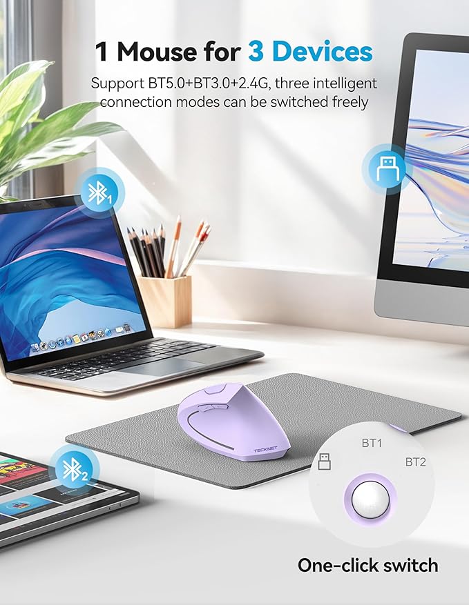 TECKNET Ergonomic Mouse, Rechargeable 2.4G+Bluetooth Vertical Mice 6 DPI Adjustable, Wireless Optical Carpal Tunnel Mouse for Right Hand, Silent 6 Buttons for Laptop, PC, MacBook, iPad - Light Purple