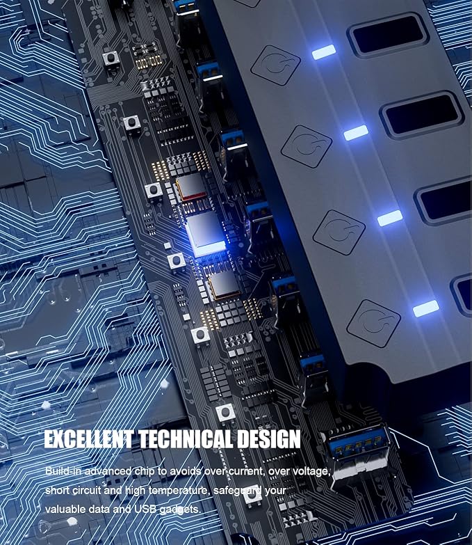 USB 3.0 Hub, PANPEO 7-Port USB Data Hub Splitter with 3ft Long Cable USB Extension for Laptop,PC Computer,Surface Pro, PS4/5, Flash Drive, Mobile HDD - with LED Individual On/Off