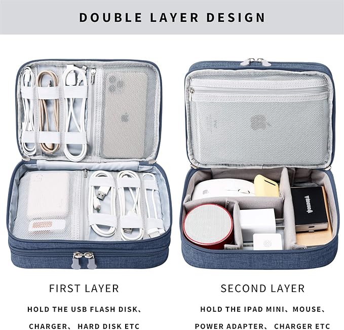 MIRLEWAIY Travel Cord Cable Organizer, Portable Electronics Accessories Carrying Bag Storage Case for Dad's Day Hard Drives, Cable, Cord, Charger, Hard Drive, Earphone, Dark Blue