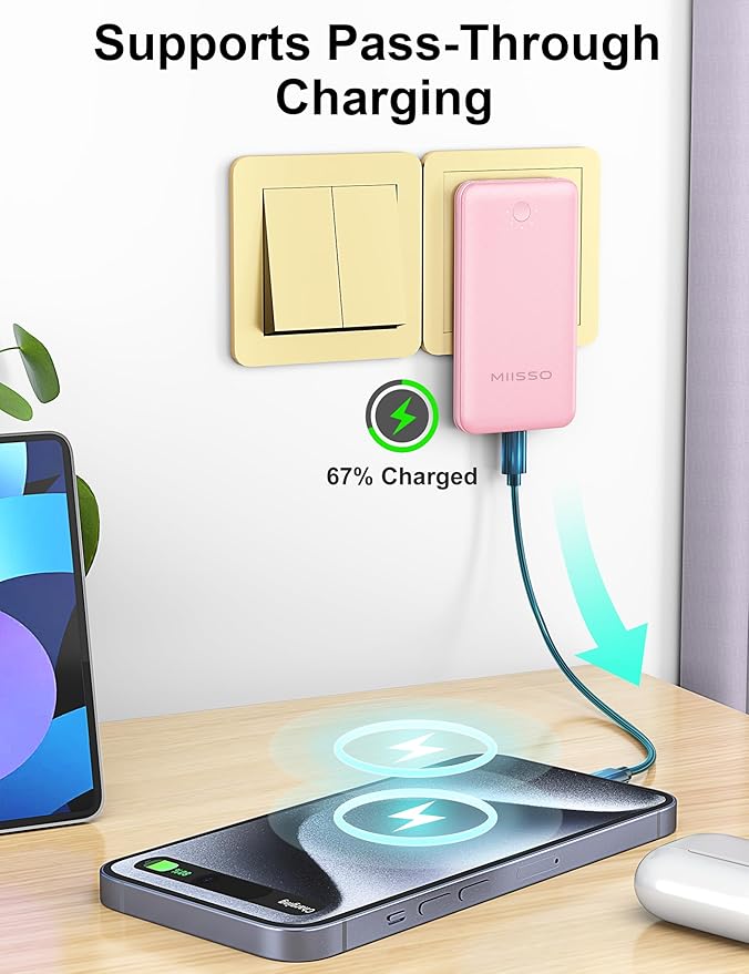 Ultra Slim 10000mAh Power Bank Built-in Cables and Foldable AC Wall Plug, Pocket Size USB C Portable Charger, External Battery Pack Compatible with iPhone Samsung iPad etc, Pink