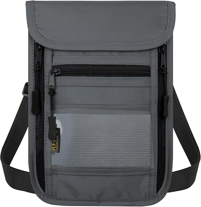 sundee Travel Neck Wallet with Double Zippers, RFID Blocking Passport Holder with Adjustable Neck Strap for Men and Women to Keep Cash, Credit Cards and Travel Documents Safe - Light Gray