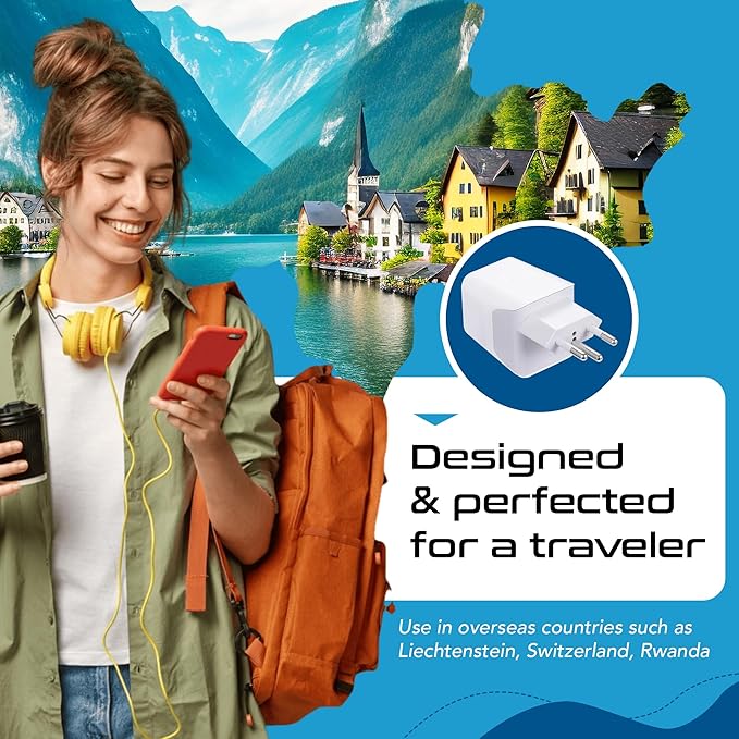 Ceptics Switzerland Travel Plug Set - with 2 USB + USA Socket Input - Type J and Type C- Ultra Compact - Safe Grounded Perfect for Cell Phones, Laptops, Camera Chargers