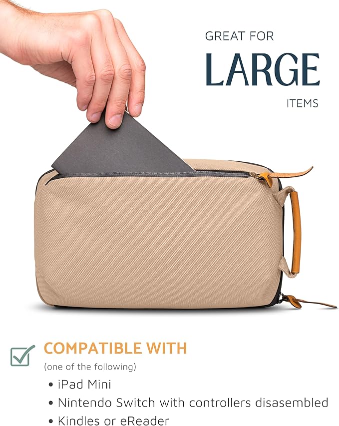 Tech Bag Organizer - Small Electronics Organizer Pouch for Travel - Premium Travel Case with Leather Accents - Mesh Pocket for Cables, Cords and Chargers (Tan)