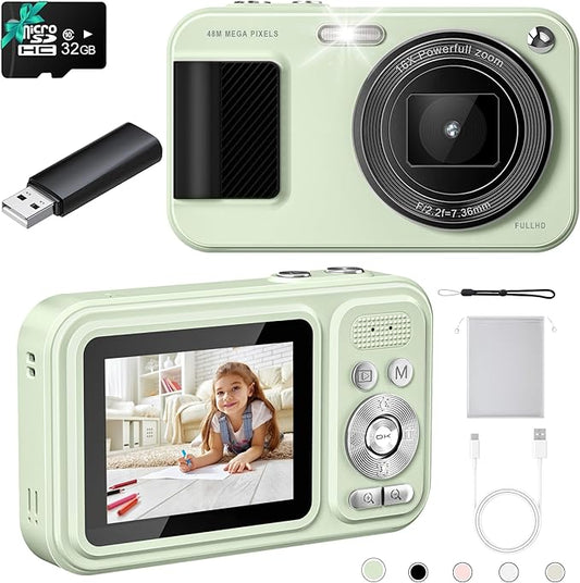 Digital Camera, Student Cameras with 32GB Card. Autofocus 48MP Point and Shoot Digital Cameras, 16X Zoom Anti-Shake Vlogging Camera, Compact Small Cameras for Boys Girls Teenagers