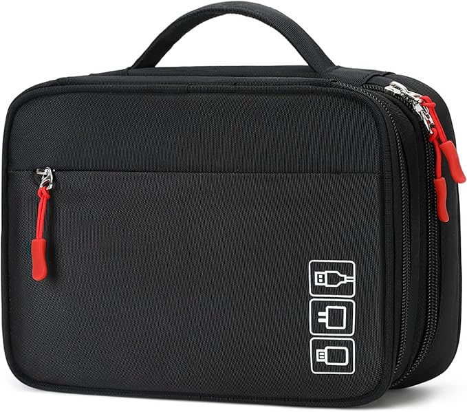 MIRLEWAIY Travel Charger Cable Organizer Portable Electronics Accessories Carrying Bag Waterproof Cord Storage Case Double Layer for Hard Drives, Phone, USB, SD Card, Black