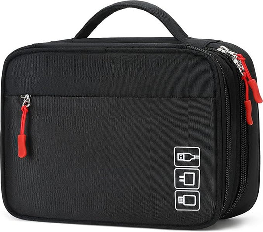 MIRLEWAIY Travel Charger Cable Organizer Portable Electronics Accessories Carrying Bag Waterproof Cord Storage Case Double Layer for Hard Drives, Phone, USB, SD Card, Black