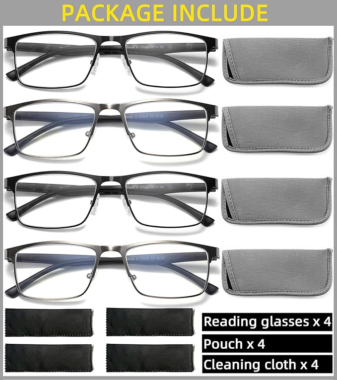4-Pack Mens Reading Glasses Blue Light Blocking,Spring Hinge Stylish Metal Full Frame Readers for Men Anti Glare Filter Eyeglasses +3.25