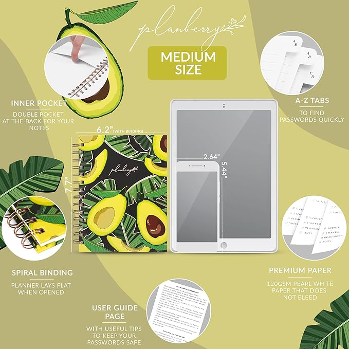 PLANBERRY Password Book Premium – Alphabetized Internet Address Organizer with A-Z Tabs – Website & Computer Password Keeper with Alphabetical Tabs – 6.2x7.7″, Hardcover (Avocado Green)