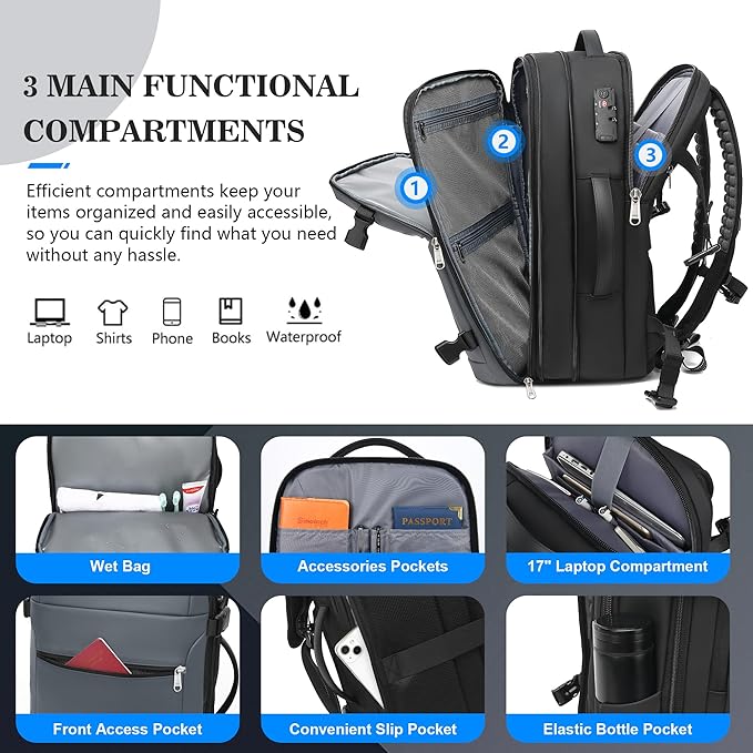 Vacuum Backpack Travel,60L Expandable Vacpack Backpack with Vacuum Pump, Water Resistant &TSA Lock, Easyvacpack Carry On Backpack Flight Approved Fits 17.3" Laptop, Grey