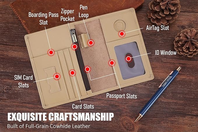 STAR VISTA Phoenix Leather Passport Holder, Calfskin Leather Travel Wallet, RFID Blocking, with ID Window, Zipper Pocket, Card Slots, AirTag Slot, Ivory