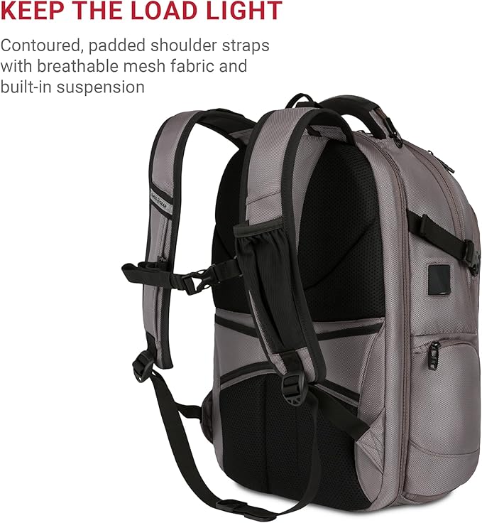 SwissGear Travel Tech Elite Laptop Backpack – Fits Laptops up to 16” – ScanSmart TSA-Friendly Backpack with USB Port, Shoe Compartment & Organizer Pockets – Grey Ballistic