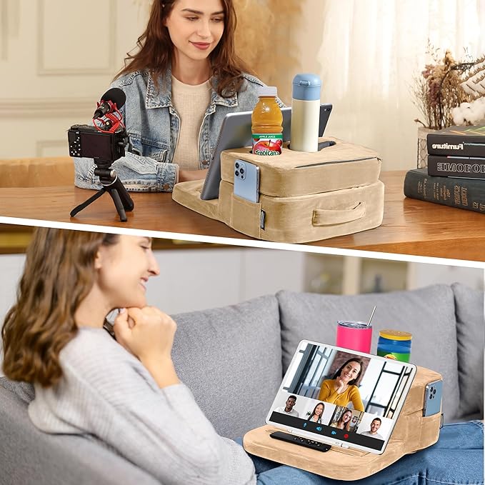 Couch Cup Holder Tray Pillow - Bed, Couch Caddy, Sofa, RV & Car - Holds Drinks, Snacks, Remotes, Phones, Kindle, Tablet | Bed Cup Holder (Beige)