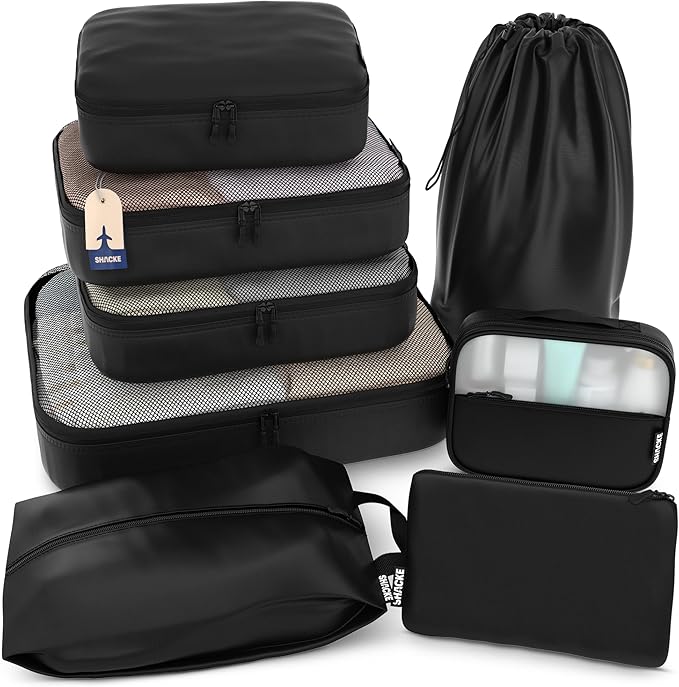 Shacke Premium 8 Packing Cubes Set - Lightweight Mesh Travel Luggage Organizers with Laundry Bag, 8-Piece Suitcase Storage System (Air Black)
