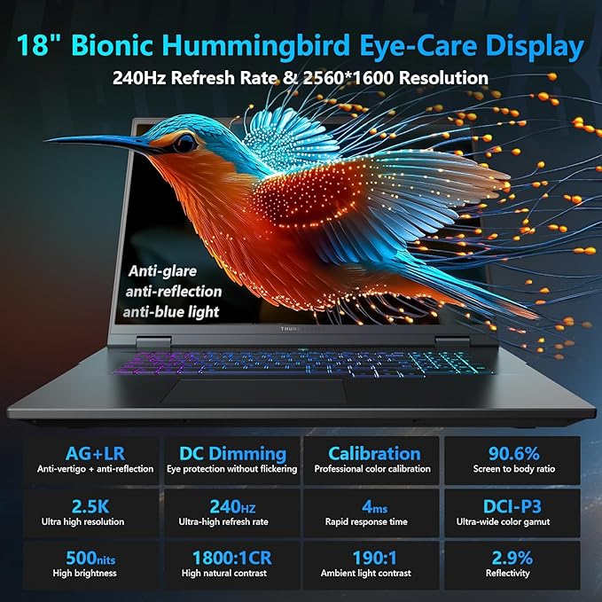 Thunderobot Zero 18 Pro 5080 Gaming Laptop, 18" QHD+ 240Hz 2.5K Hummingbird Display, Core Ultra 9 275HX, GeForce RTX 5080, 64GB DDR5, 2TB SSD, Per-Key RGB, FHD IR Camera, Wi-Fi 6E, Win 11 Home