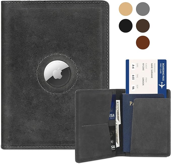 Airtag Passport Holder for Men and Women Travel, Real Leather Passport Wallet, Handmade Passport Cover Case with Airtag Slot, Travel Must Haves Essentials Accessories Birthday Gifts(Crazy Horse, Gray)