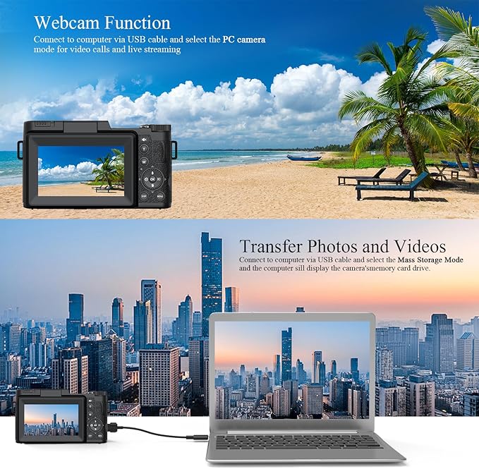 5K Digital Camera for Photography 64MP Auto-Focus Vlogging Camera for YouTube 3" 180° Flip Screen Compact Travel 18X Digital Zoom, Anti-Shake 2 Batteries & 32GB TF Card