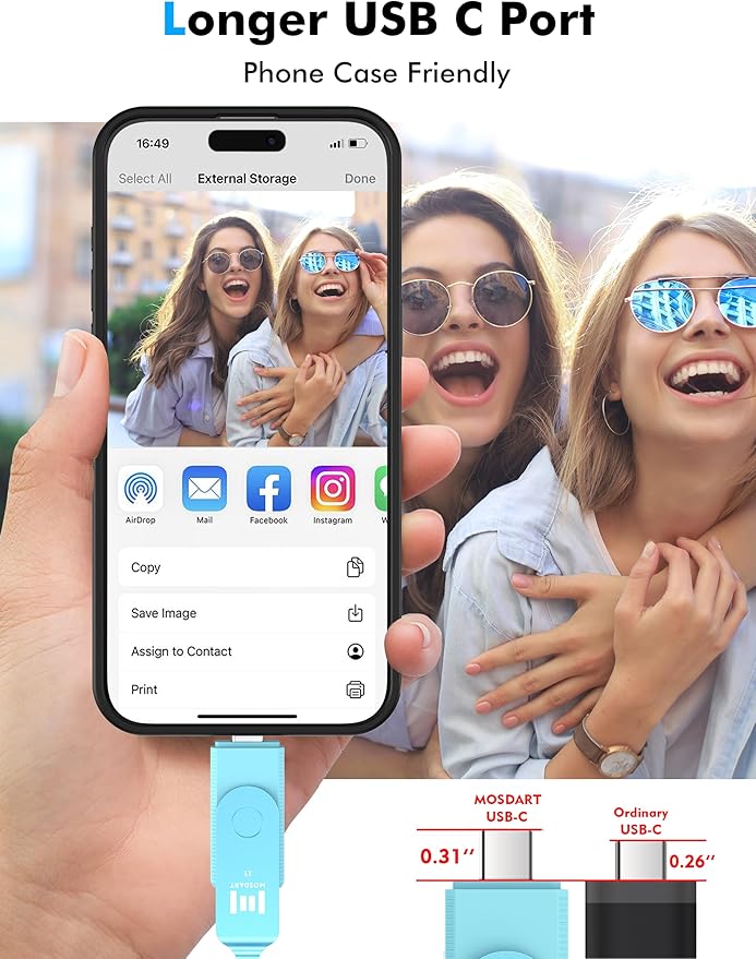 MOSDART 1TB USB3.1 Fast Speed C and A Dual Flash Drive, exFAT Memory Stick with Keychain and LED Indicator, for iPhone 15 and 16, Android Phone, iPad, MacBook, and Other Laptops, Sky Blue