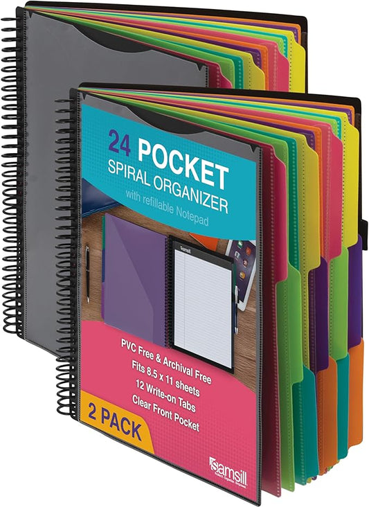 Samsill 2 Pack Deluxe 24 Pocket Spiral Project Organizer with Refillable Notepad, Customizable Front Cover, 12 Dividers with Erasable Write-On Tabs in Fashion Colors, Plastic Folders with Pockets