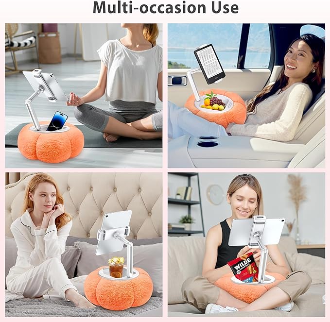 CreaDream Pumpkin Tablet Pillow Stand Holder for Kindle iPad, Adjustable Phone Pillow Stand for Lap Bed with Detachable Snack Bowl, Compatible with 4.7"-13" Tablet, iPad, iPhone, Samsung Tabs, Kindle