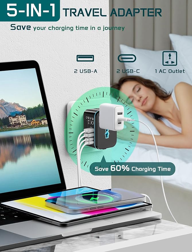 Universal Travel Adapter Worldwide, TECSIX European Travel Plug Adapter with 2 USB C, 2 USB A and Multi AC Outlets, International Power Converter for EU US UK AUS 200+ Countries Type A C G I